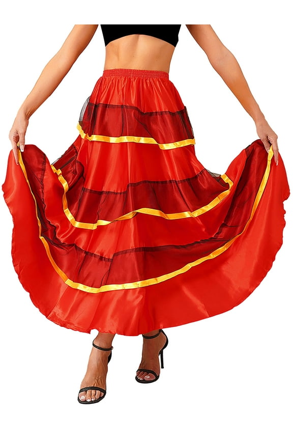 Womens Flamenco Dance Skirt Folkloric Spanish Bull Dance Skirts Full Circle Mexican Type B 180 Degree One Size
