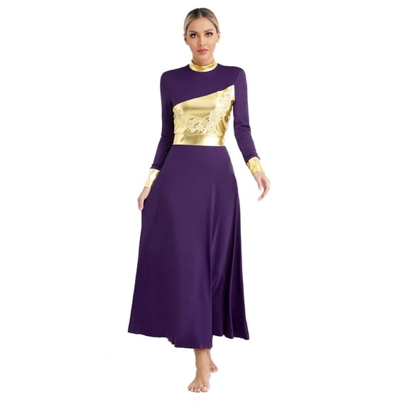 Ocealan Womens Liturgical Praise Dance Dress Shiny Metallic Long Sleeve Worship Performance Dancewear Dark Purple XL