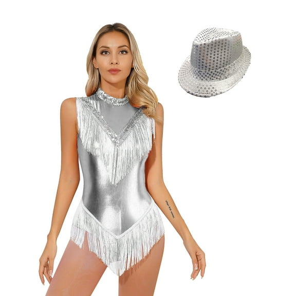 Ocealan Womens Shiny Fringed Dance Leotard Jazz Latin Tango Dance Dress Cheerleading Costume with Hat Silver S