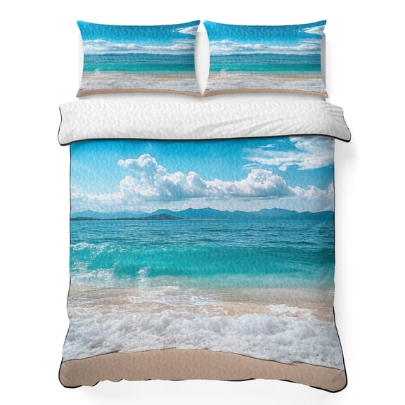 Ocean 3 Piece Quilt Bedding Set with 2 Pillow Shams, Sea Wave Blue Sky White Cloud Beach Sandy Modern Lightweight Bedspread Coverlet, Soft Breathable All Season Quilt, 68 x 98 Inch