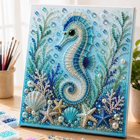 Ocean 3D Pearl Art Diamond Painting Kit, Sparkling Coastal Decor Wall Art for Adults, Relaxing DIY Craft Hobby with Marine Life Motifs for Home Office Bedroom