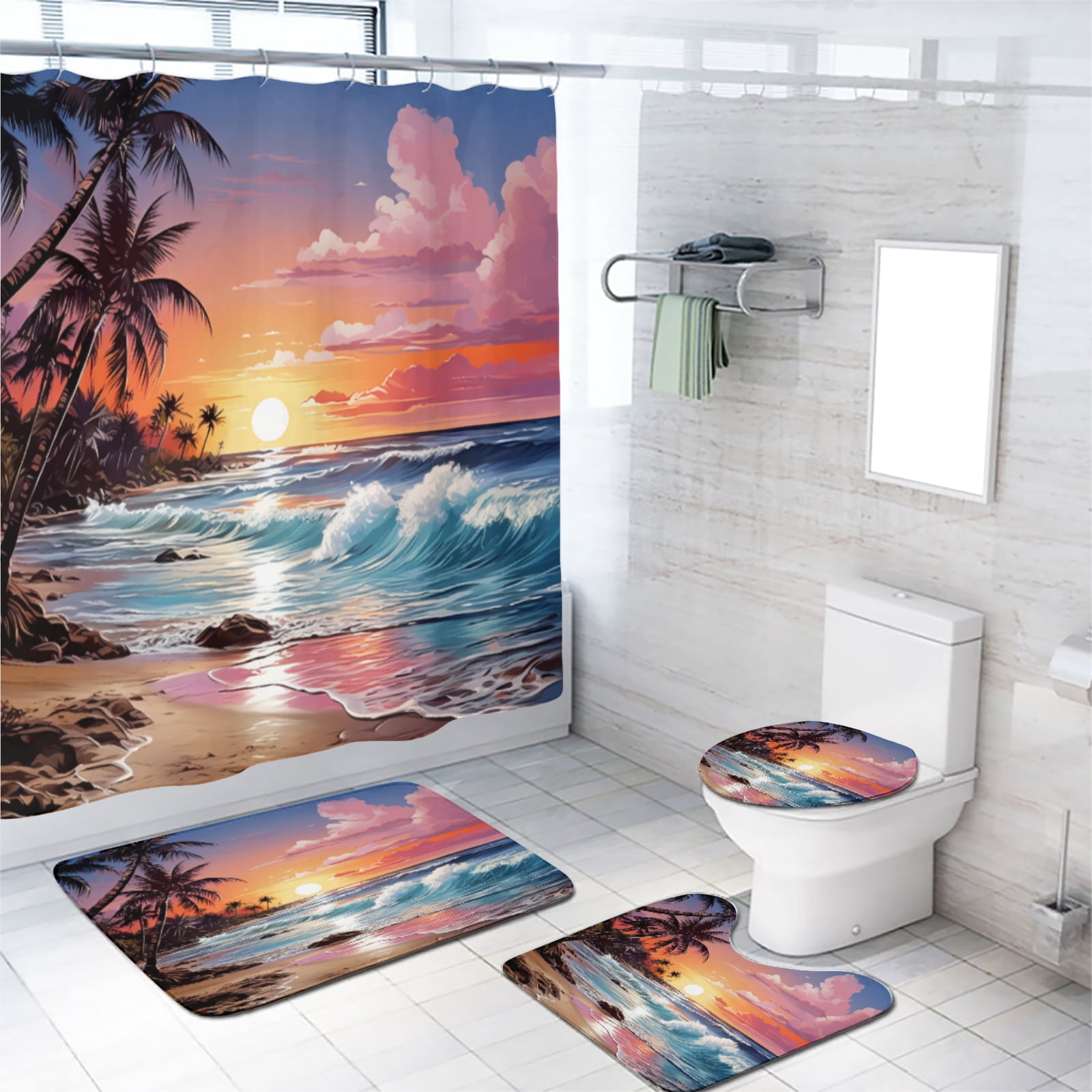 Ocean 4 Pcs Shower Curtain Set Beach Tropical Palm Tree Sunset Coastal Scenery Sea Wave Sunset Bathroom Decor Bath Curtain with Rugs Toilet Lid Cover Bath Mat, 72x72 Inch