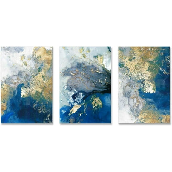 Ocean Abstract Canvas Art Blue Picture Gold Teal Painting Crashing Waves Artwork 3 Panel Wall Decor for Living Room Ready to Hang12x16in x3