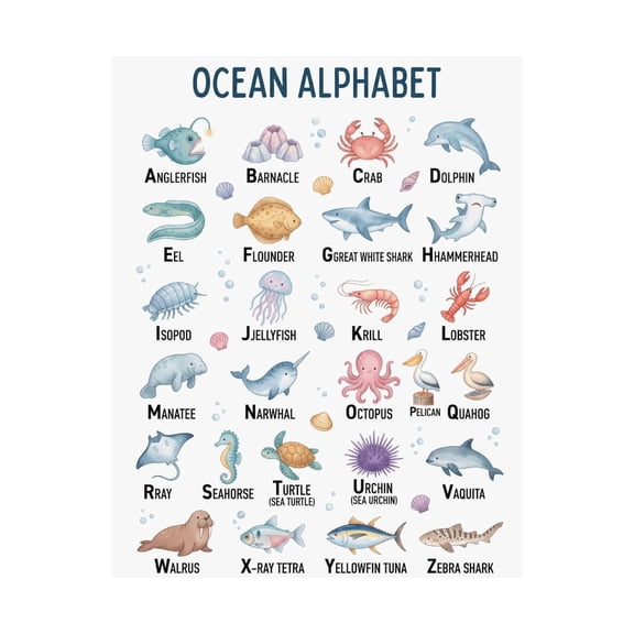 Ocean Alphabet Poster, Educational Nursery Wall Art, Unframed Paper Poster 8x10in