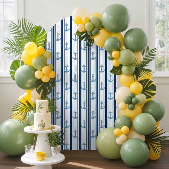 Ocean Anchor Arch Backdrop Cover, 6.6FT, Blue Striped White Stripes Spandex Arch Covers Double-Sided Backdrop for Wedding Birthday Party Photo Background Decoration