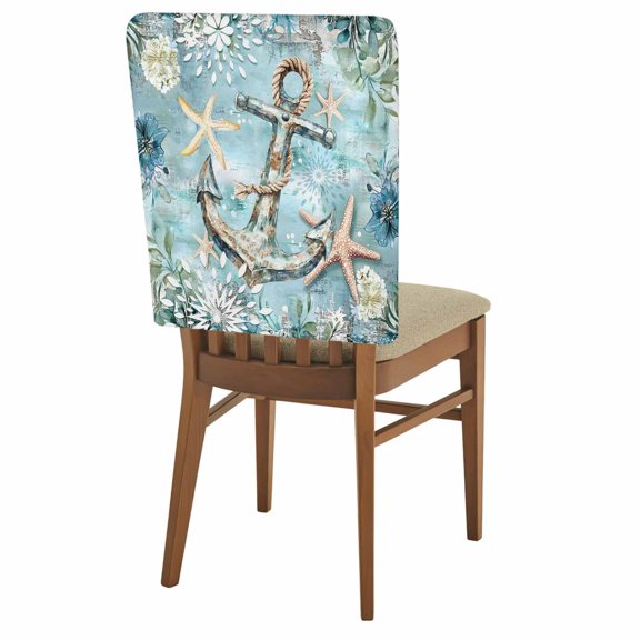 Ocean Anchor Chair Back Covers Set of 1, Retro Beige Nautical Starfish Sealife Stretch Dining Chair Back Slipcovers Removable Seat Cover for Kitchen Restaurant Hotel Cafe