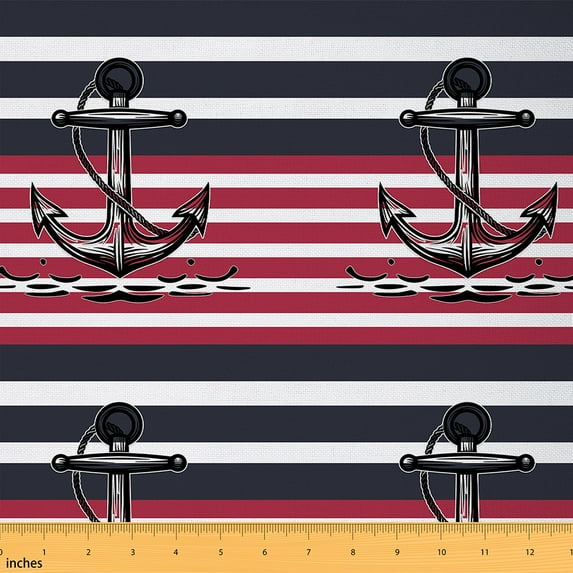 Ocean Anchor Decorative Fabric Sea Nautical Fabric By The Yard,Geometric Lines Indoor Outdoor Fabric Black Red Material By The Yard Classic Stripes Waterproof Fabric,1 Yard