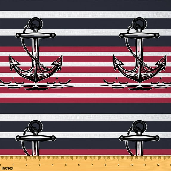 Ocean Anchor Decorative Fabric Sea Nautical Fabric By The Yard,Geometric Lines Indoor Outdoor Fabric Black Red Material By The Yard Classic Stripes Waterproof Fabric,2 Yard