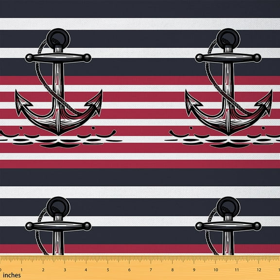 Ocean Anchor Decorative Fabric Sea Nautical Fabric By The Yard,Geometric Lines Indoor Outdoor Fabric Black Red Material By The Yard Classic Stripes Waterproof Fabric,2 Yard