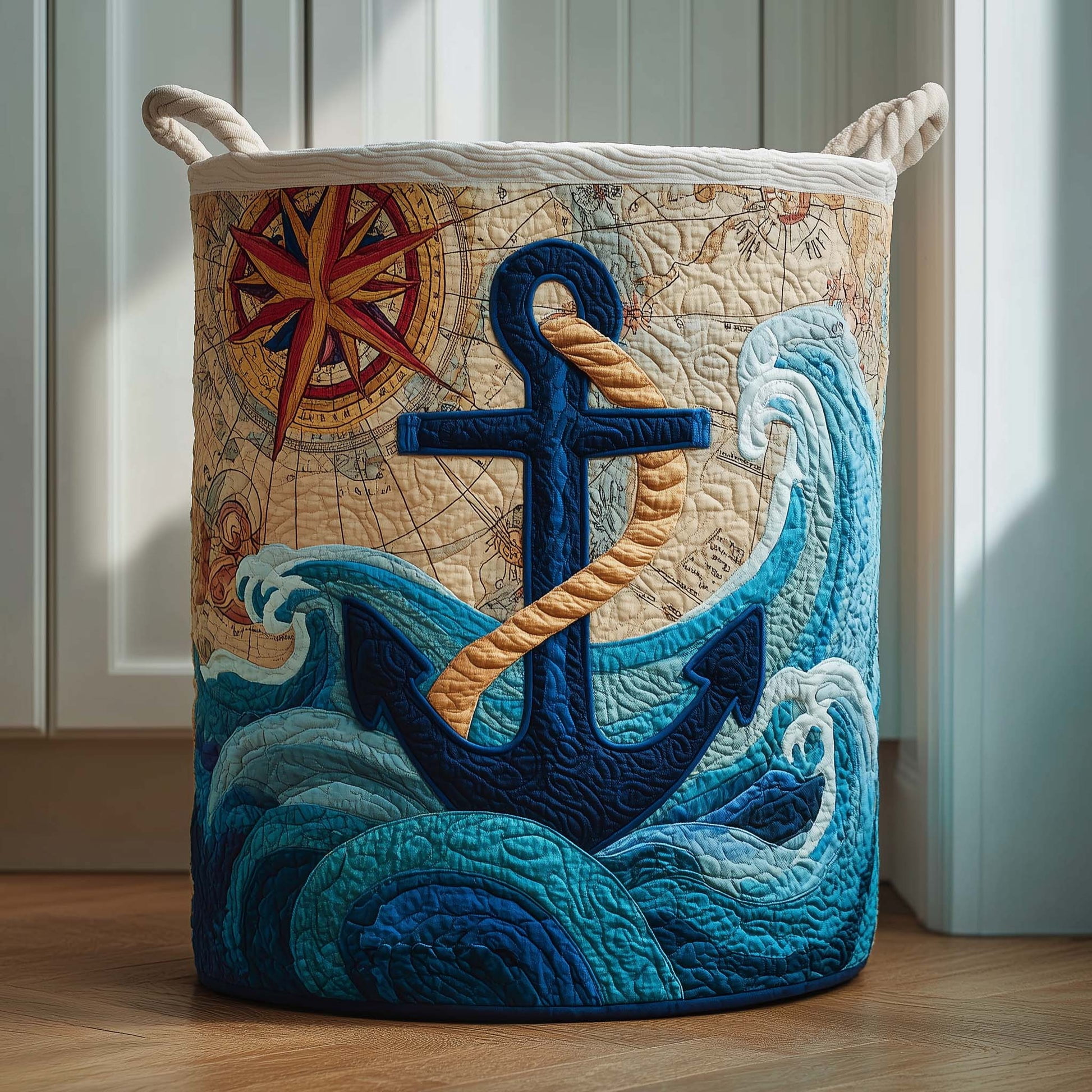 Ocean Anchor Quilted Laundry Basket, Storage Bin Laundry Basket Fabric, House Storage Hamper, Mother Day's Gift Ideas