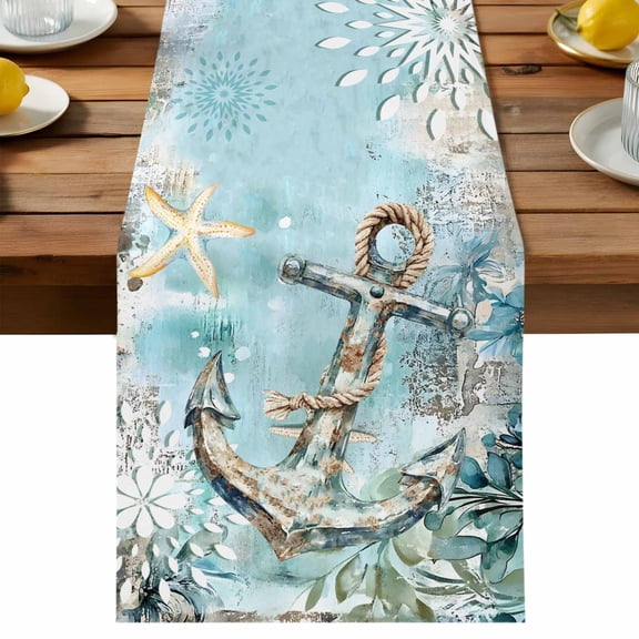 Ocean Anchor Table Runner, Retro Beige Nautical Starfish Sealife Cotton Linen Table Cloth, Tablerunner for Kitchen Dining Party Wedding Home Decor 13x36 Inch