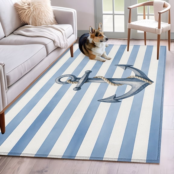 Ocean Anchor Washable Area Rug 4x6 Coastal Nautical Sea Rope Watercolor Blue Stripes Lines Low-Profile Area Rugs Non Slip Backing Indoor Floor Carpet for Entrance Living Room Bedroom Home Office
