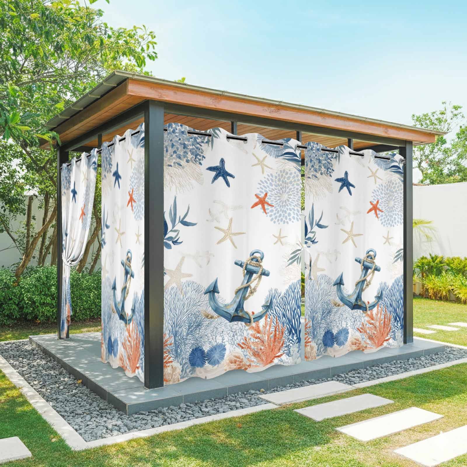 Ocean Anchors Outdoor Curtains for Patio, Orange Blue Summer Sea Corals Shells Starfish Sunshade Privacy Drapes Grommet Waterproof Outside Curtains for Porch/Cabana/Balcony 54"x 108", 1 Panel
