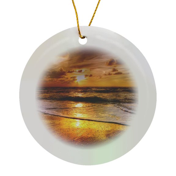 3drose, Ocean and Beach at Sunset Nature Scenery, Circle Porcelain Ornament