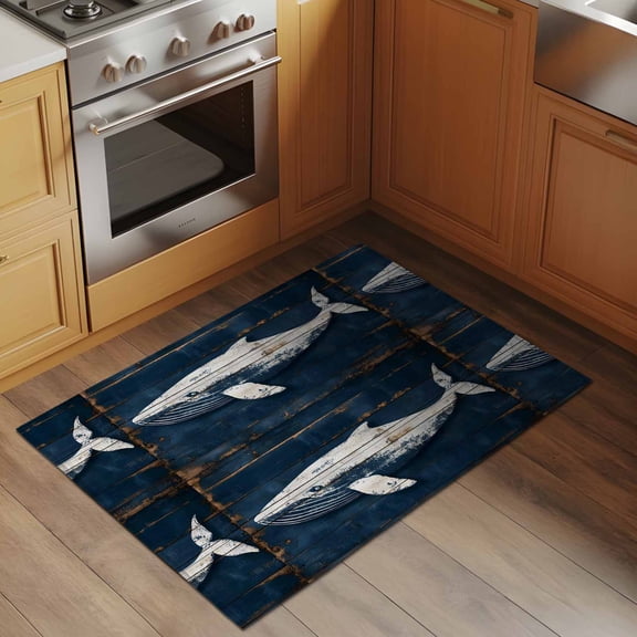 Ocean Animal 2x3 Rug for Entryway Front Door Kitchen Sink Area, Retro Whale Watercolor Blue Wood Grain Low Pile Washable Non Slip Rectangle Area Rug