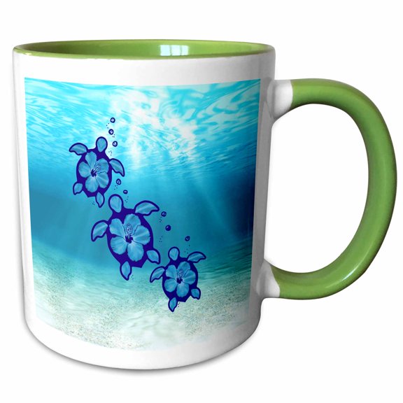 3drose, Ocean Animal Art of Tropical Sea Turtles with Hibiscus Flower Shells., 11oz Two-tone Green Mug