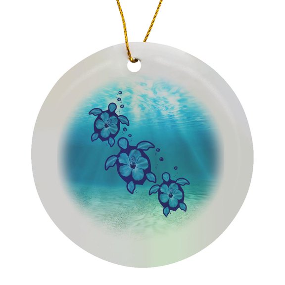 3drose, Ocean Animal Art of Tropical Sea Turtles with Hibiscus Flower Shells., Circle Porcelain Ornament