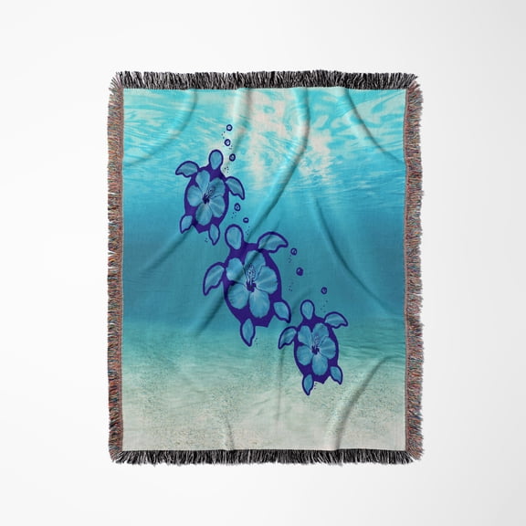 Ocean Animal Art Of Tropical Sea Turtles With Hibiscus Flower Shells., Woven Blanket