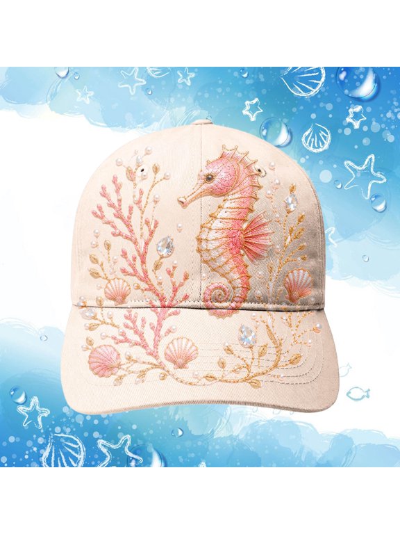 Ocean Animal Baseball Cap Embroidered Marine Life Adjustable Hat for Men Women Casual Sea Life Hat for Beach Travel Vacation and Outdoor Wear Beige