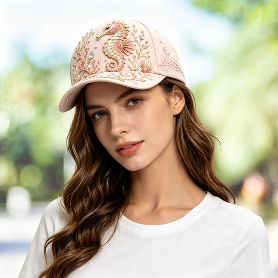 Ocean Animal Baseball Cap Pastel Coastal Sun Hat Adjustable Breathable 3D Embroidery Rhinestone Beach Hat for Women Summer Outdoor