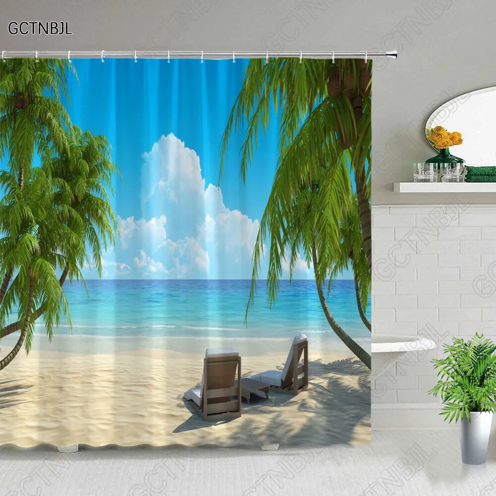 Ocean Animal Beach Rainbow Parrot Dolphin Palm Tree Sea Scenery Shower Curtain Bath Screen