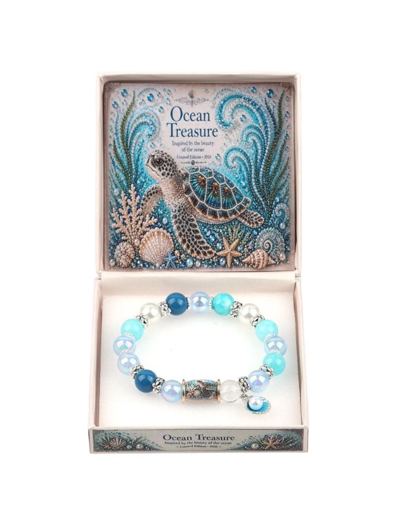 Ocean Animal Beaded Charm Bracelet with Gift Box, Dolphin Seahorse Turtle Octopus Crab Whale Jellyfish Blue Sea Bead Bracelet, Summer Beach Jewelry Gift for Women