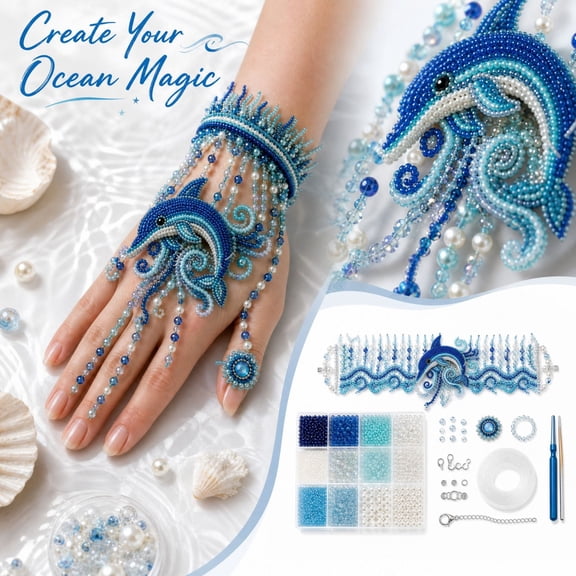 Ocean Animal Beaded Hand Chain DIY Jewelry Making Kit, Octopus Turtle Whale Shell Crab Beaded Bracelet Ring Set Craft Supplies, Mermaid Style Hand Harness Beadwork Kit for Party Costume Accessory