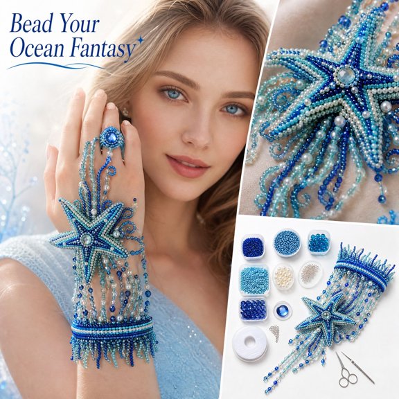 Ocean Animal Beaded Hand Chain DIY Jewelry Making Kit, Octopus Turtle Whale Shell Crab Beaded Bracelet Ring Set Craft Supplies, Mermaid Style Hand Harness Beadwork Kit for Party Costume Accessory