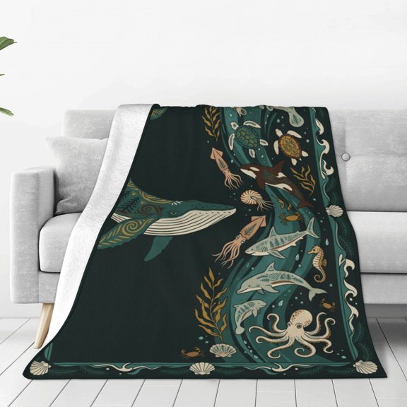 Ocean Animal Blanket, Whale Shark Turtle Octopus Theme Throw, Cozy Gift for Adults, Birthday Christmas Holiday Present for Sea Lovers 50x40