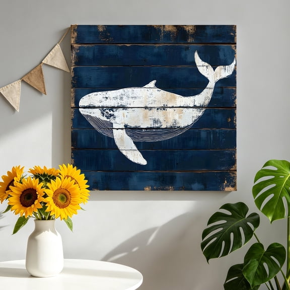 Ocean Animal Canvas Wall Art, Retro Whale Watercolor Blue Wood Texture Pictures Wall Decor Wooden Framed Artwork Art Prints for Living Room Hallway Bedroom Office 8"x8"