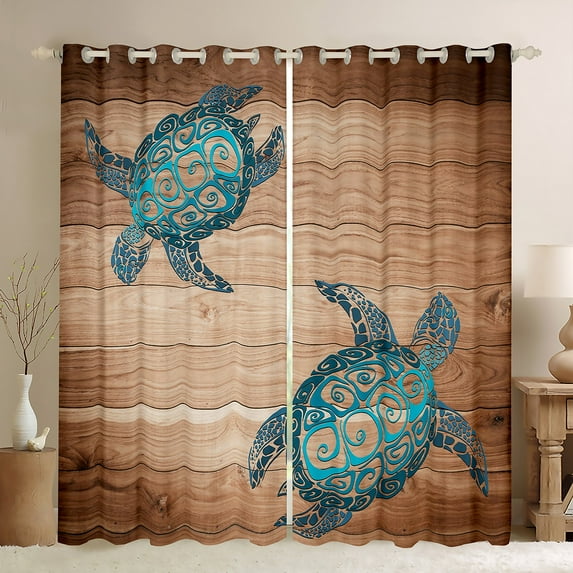 Ocean Animal Curtains & Drapes Sea Turtle Curtains, Wild Animals Blackout Curtains Brown Old Barn Door Living Room Curtains, Coastal Beach Window Curtains Rustic Lodge Cabin Farmhouse Decor