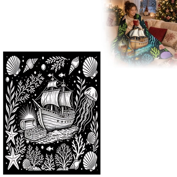 Ocean Animal DIY Coloring Blanket, Washable Black-and-White Art Throw with Underwater Illustration, Creative Kids Activity and Craft Gift for Bedroom, Classroom and Travel, Sailboat