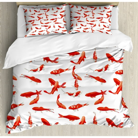 Ocean Animal Decor King Size Duvet Cover Set, Decorative Eastern Exotic Koi Fish Common Carp Calming Water Garden Graphic, Decorative 3 Piece Bedding Set with 2 Pillow Shams, Orange, by Ambesonne
