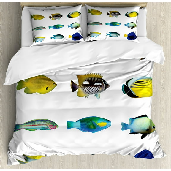 Ocean Animal Decor King Size Duvet Cover Set, Egyptian Fish with Bannerfish Goldfish Parrotfish Wild Nature Red Sea Theme, Decorative 3 Piece Bedding Set with 2 Pillow Shams, Multi, by Ambesonne