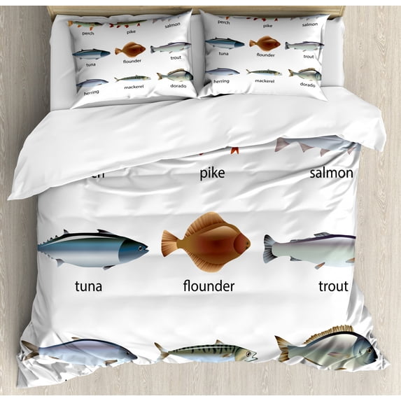 Ocean Animal Decor King Size Duvet Cover Set, Group of Fish with Perch Tuna Pike Flounder Mackerel Trout Aquatic Artwork, Decorative 3 Piece Bedding Set with 2 Pillow Shams, Multi, by Ambesonne