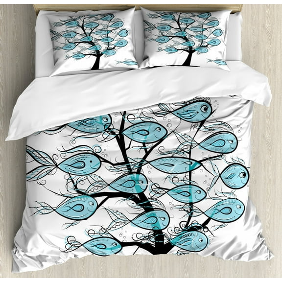 Ocean Animal Decor King Size Duvet Cover Set, Life of Tree of Funny Fish Figures on the Branches with Different Emojis, Decorative 3 Piece Bedding Set with 2 Pillow Shams, Blue Black, by Ambesonne