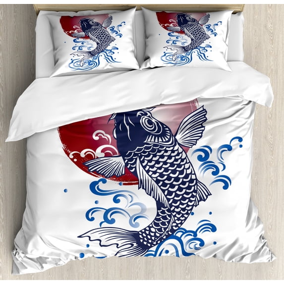 Ocean Animal Decor King Size Duvet Cover Set, Ornate Japanese Brocaded Carp Fin with Red Circular Form Eastern Fresh Graphic, Decorative 3 Piece Bedding Set with 2 Pillow Shams, Blue, by Ambesonne