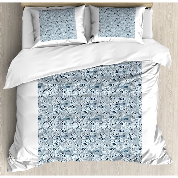 Ocean Animal Decor Queen Size Duvet Cover Set, Funk Art Authentic Fish with Bubbles Underwater Illustration Image, Decorative 3 Piece Bedding Set with 2 Pillow Shams, Blue, by Ambesonne