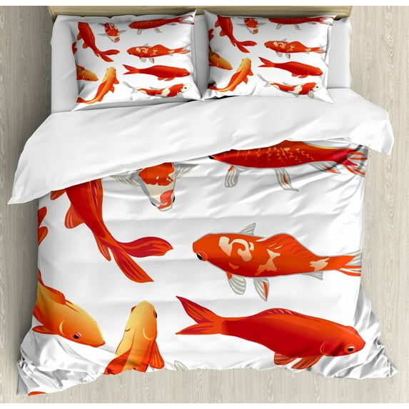 Ocean Animal Decor Queen Size Duvet Cover Set, Legendary Koi Fish Band Chinese Good Fortune and Power Icon Tranquil, Decorative 3 Piece Bedding Set with 2 Pillow Shams, Orange White, by Ambesonne