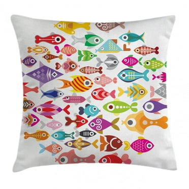 Ocean Animal Decor Throw Pillow Cushion Cover, Rounded Different Size Type Fish Motifs Underwater World Fauna Gills Design, Decorative Square Accent Pillow Case, 16 X 16 Inches, Multi, by Ambesonne