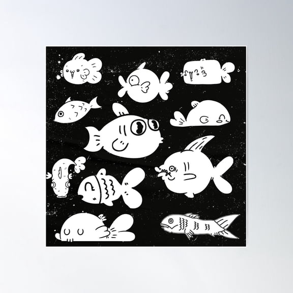 Ocean Animal Delight: White Fishes On Black Background Pattern Design Poster Wall Art, Modern Wall Decor For Living Room Bedroom, 17x17 UNFRAMED