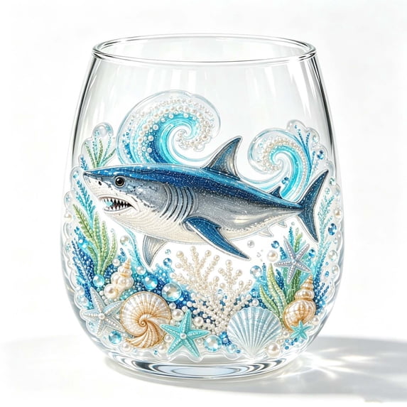 Ocean Animal Glassware,Clear Wine Goblets,Seaside Pattern Clear Stemless Wine Tumblers Tropical Summer Cocktail Cups(B4IN)