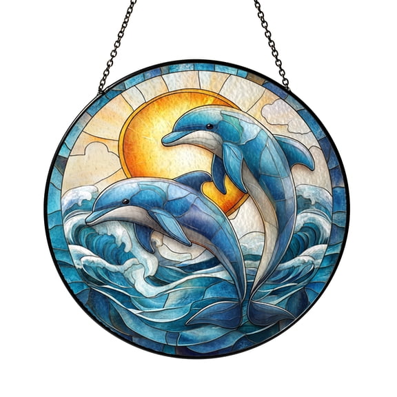 Ocean Animal Inspired Stained Glass Style Panel – Round Window Decor