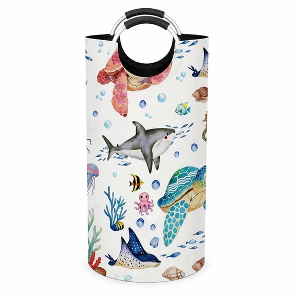 Ocean Animal Laundry Hamper with Handles, Large Foldable Storage Basket for Clothes, Towels, Blankets and Toys, Sea Turtle Shark Marine Life Bedroom Organizer