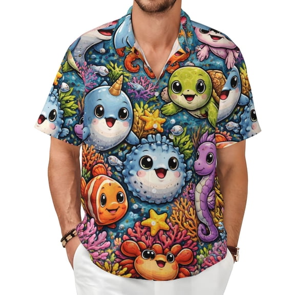 Ocean Animal Men's Shirts Short-Sleeved with All-Over Prints Button-Up Shirts