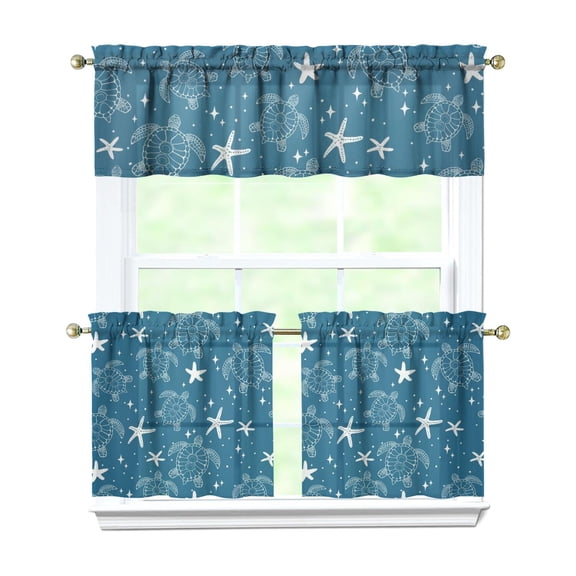 Ocean Animal Print 3-Piece Kitchen Curtains - Sea Turtle & Coral Reef Design, Farmhouse Tier Window Treatments with Valance, Easy Care Machine Washable