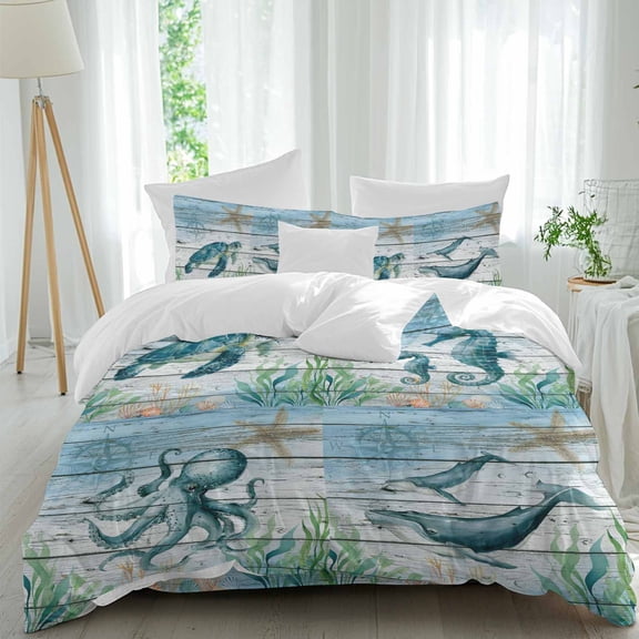 Ocean Animal Queen Size Comforter Set, Turtle Seahorse Octopus Whale Compass Vintage Wood Bedding for All Seasons, 4 Pcs Bed Set, 1Quiltcover (90"x92") ,1Sheet(94"x116"), 2Pillowcases (30"x20")
