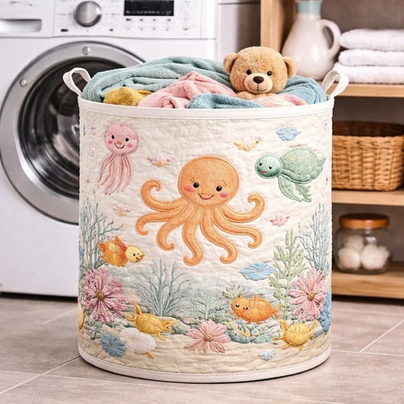Ocean Animal Quilted Laundry Basket, Cute Sea Life Hamper, Kids Room Storage Bin, Nursery Decor, Octopus Turtle Design