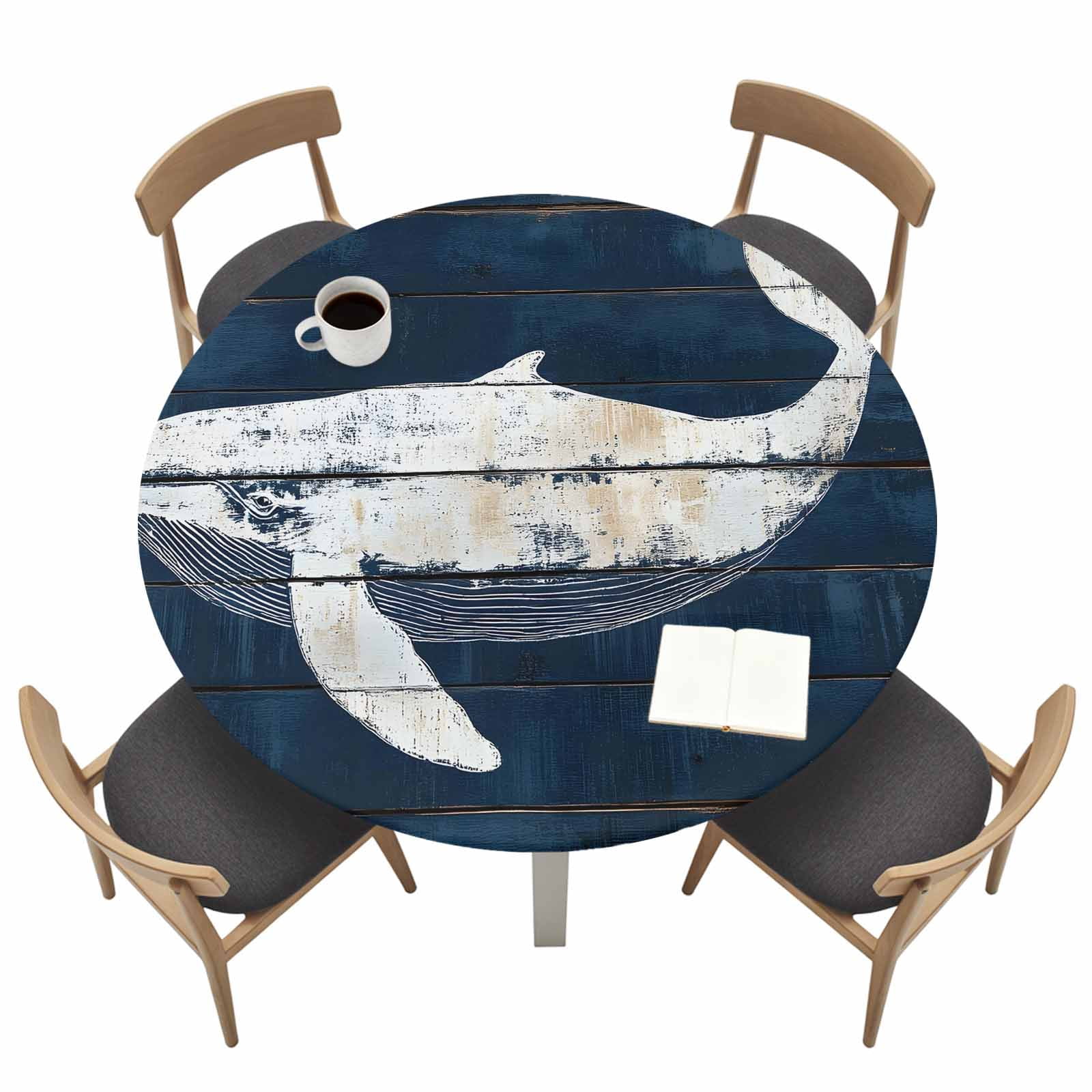 Ocean Animal Round Fitted Tablecloth Retro Whale Watercolor Blue Wood ...