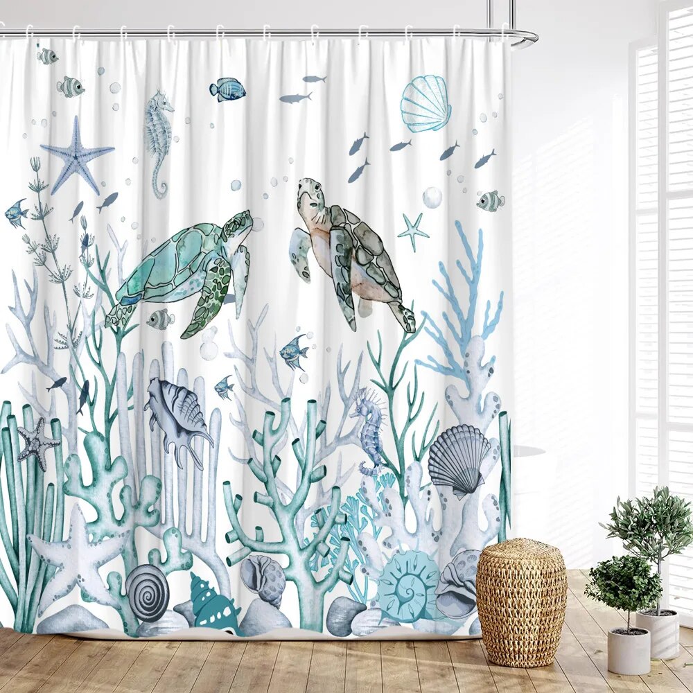 Ocean Animal Shower Curtain Sea Turtle Seahorse Octopus Underwater